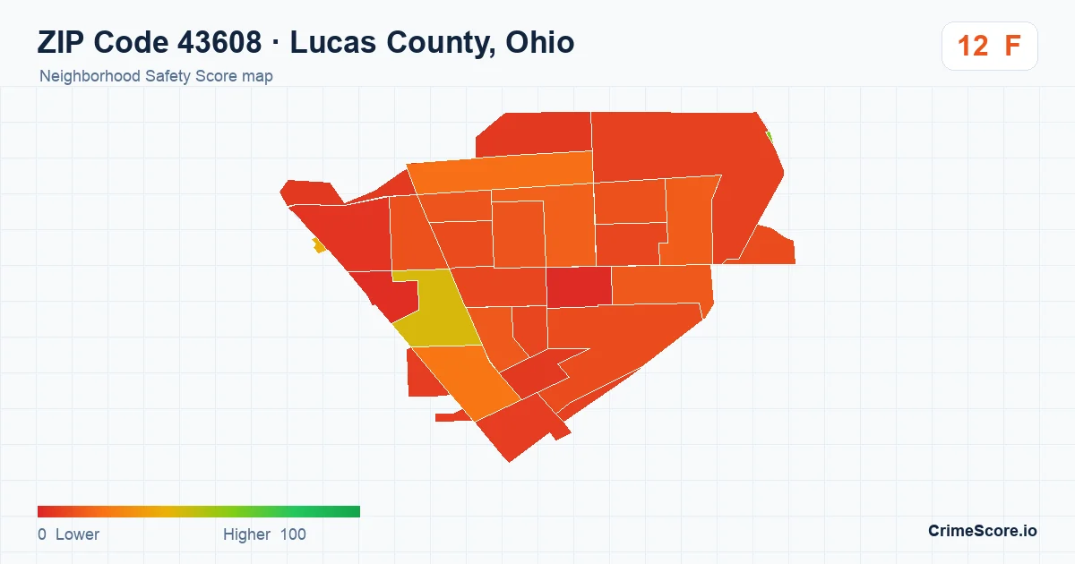 ZIP Code 43608 in Lucas County, Ohio neighborhood Safety Score map