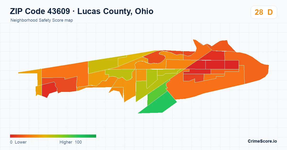 ZIP Code 43609 in Lucas County, Ohio neighborhood Safety Score map