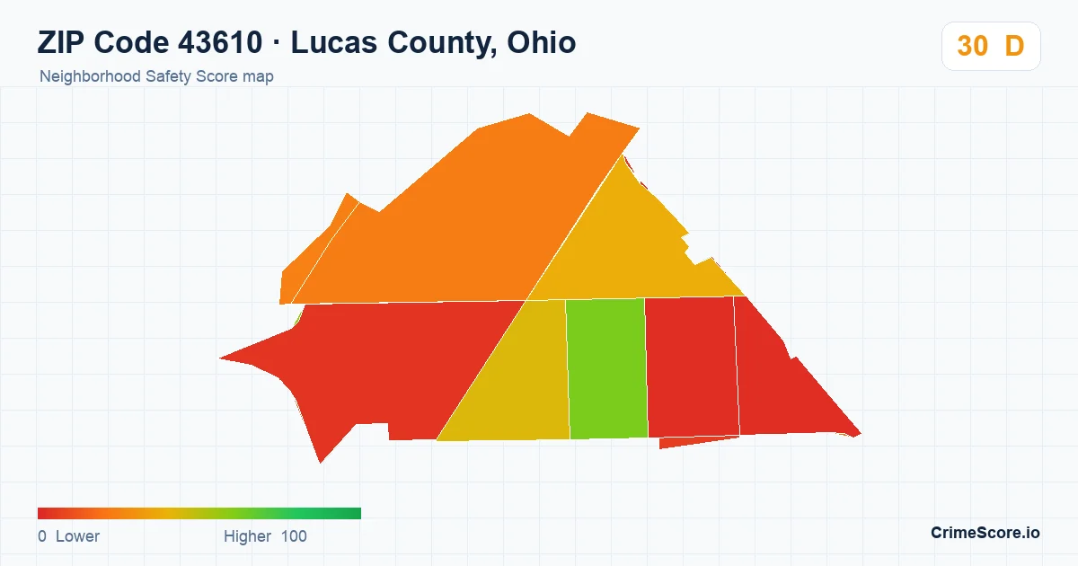 ZIP Code 43610 in Lucas County, Ohio neighborhood Safety Score map