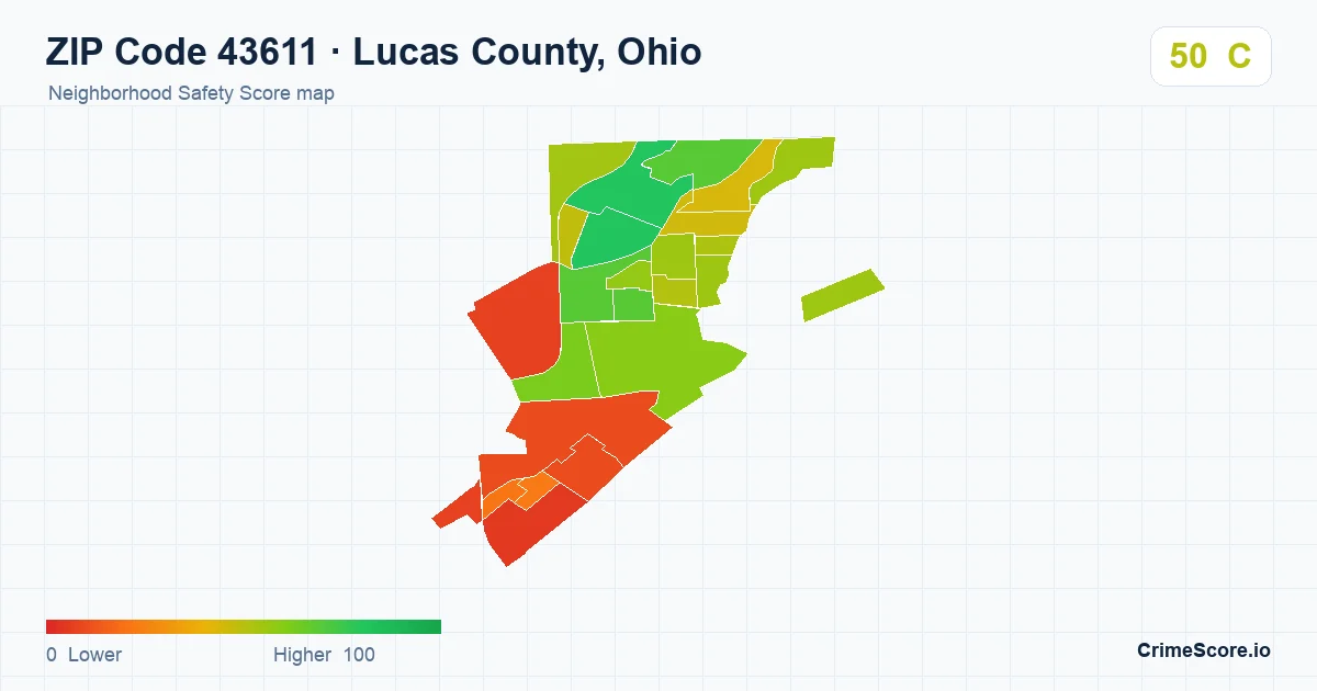 ZIP Code 43611 in Lucas County, Ohio neighborhood Safety Score map