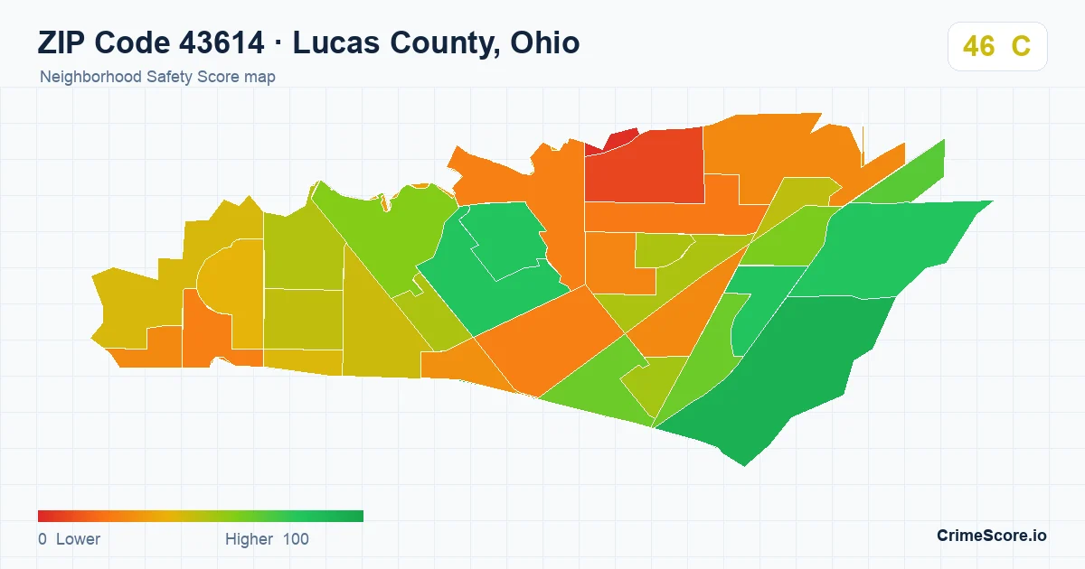 ZIP Code 43614 in Lucas County, Ohio neighborhood Safety Score map