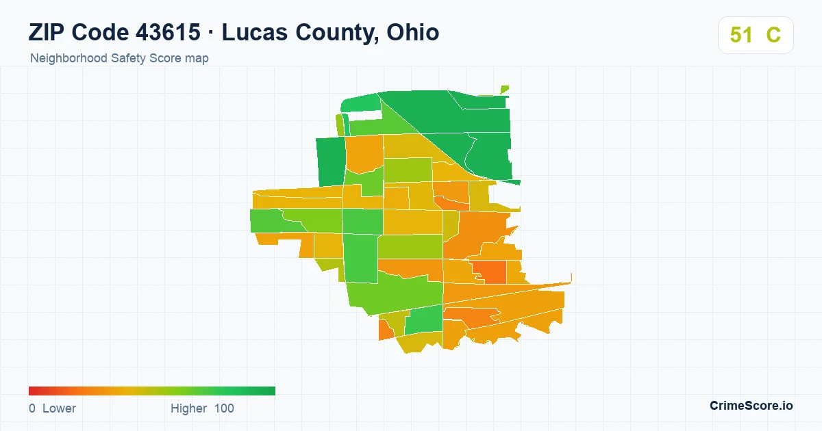 ZIP Code 43615 in Lucas County, Ohio neighborhood Safety Score map