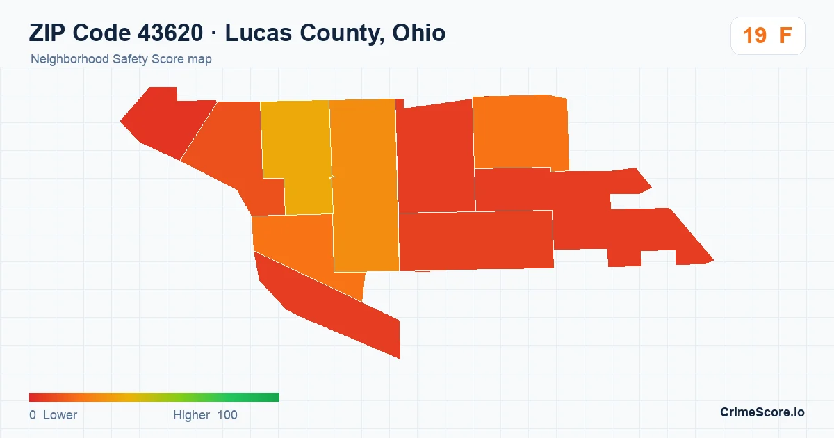 ZIP Code 43620 in Lucas County, Ohio neighborhood Safety Score map
