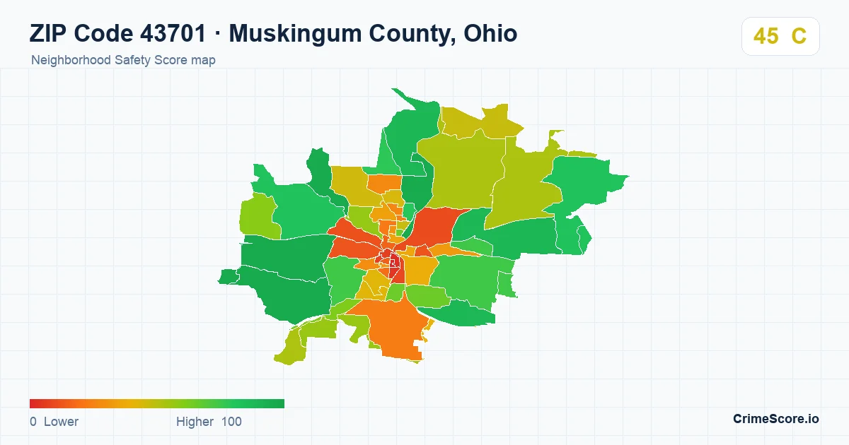 ZIP Code 43701 in Muskingum County, Ohio neighborhood Safety Score map