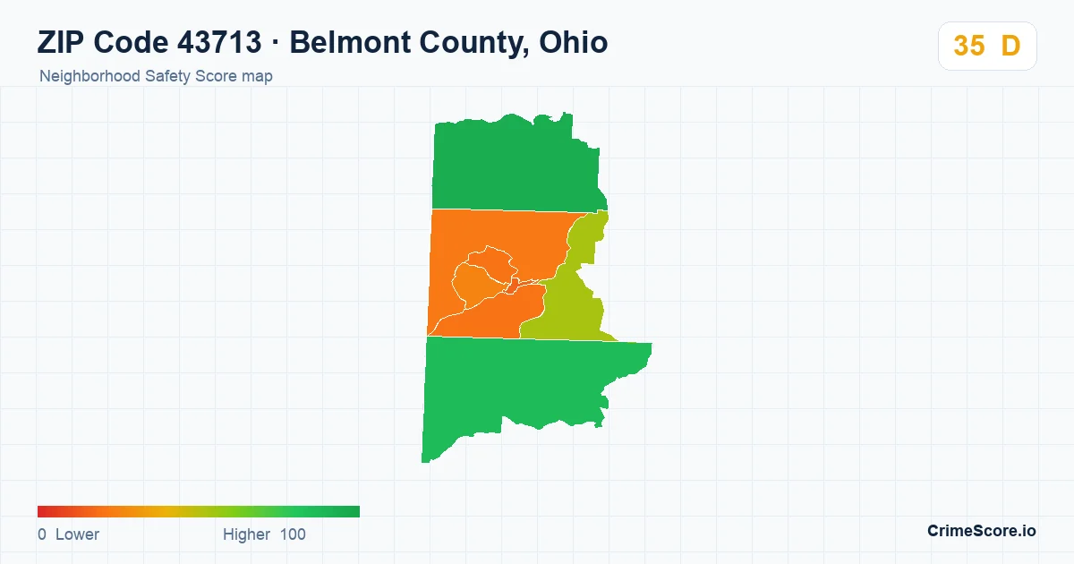 ZIP Code 43713 in Belmont County, Ohio neighborhood Safety Score map