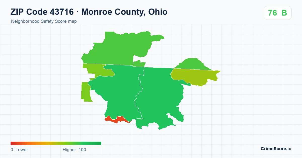 ZIP Code 43716 in Monroe County, Ohio neighborhood Safety Score map