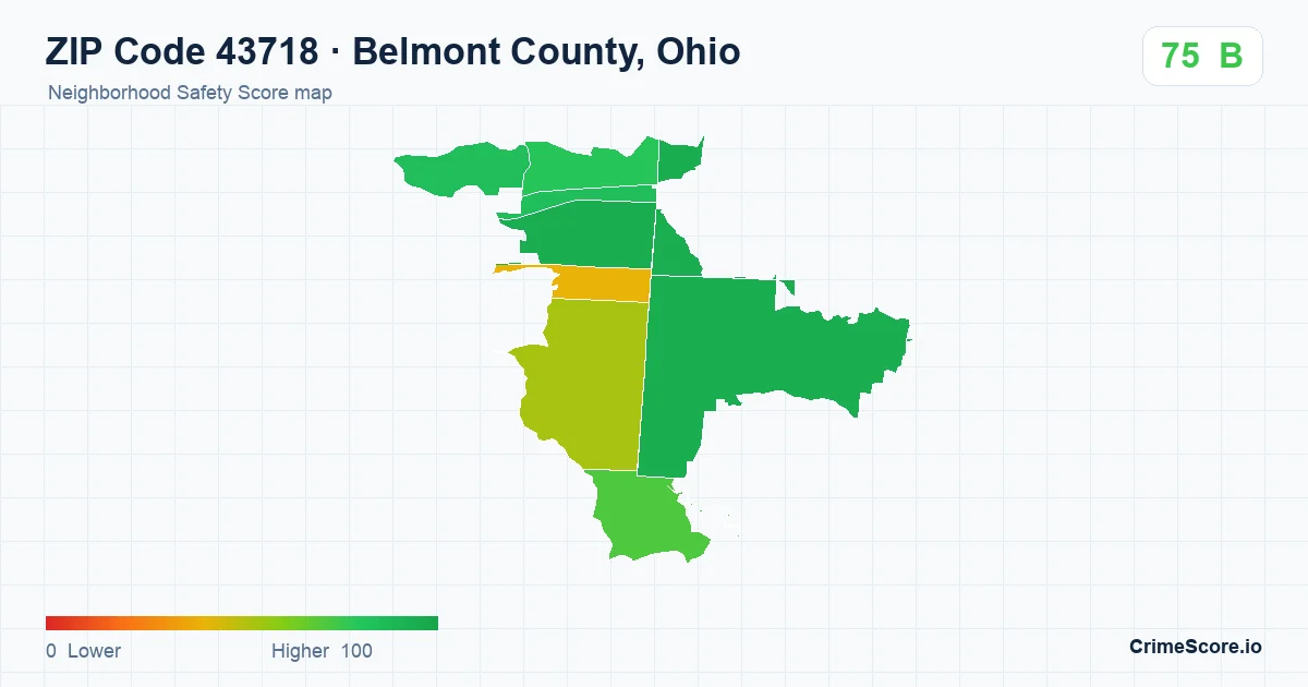 ZIP Code 43718 in Belmont County, Ohio neighborhood Safety Score map