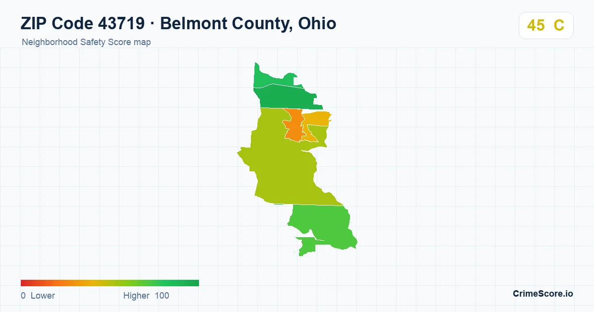 ZIP Code 43719 in Belmont County, Ohio neighborhood Safety Score map