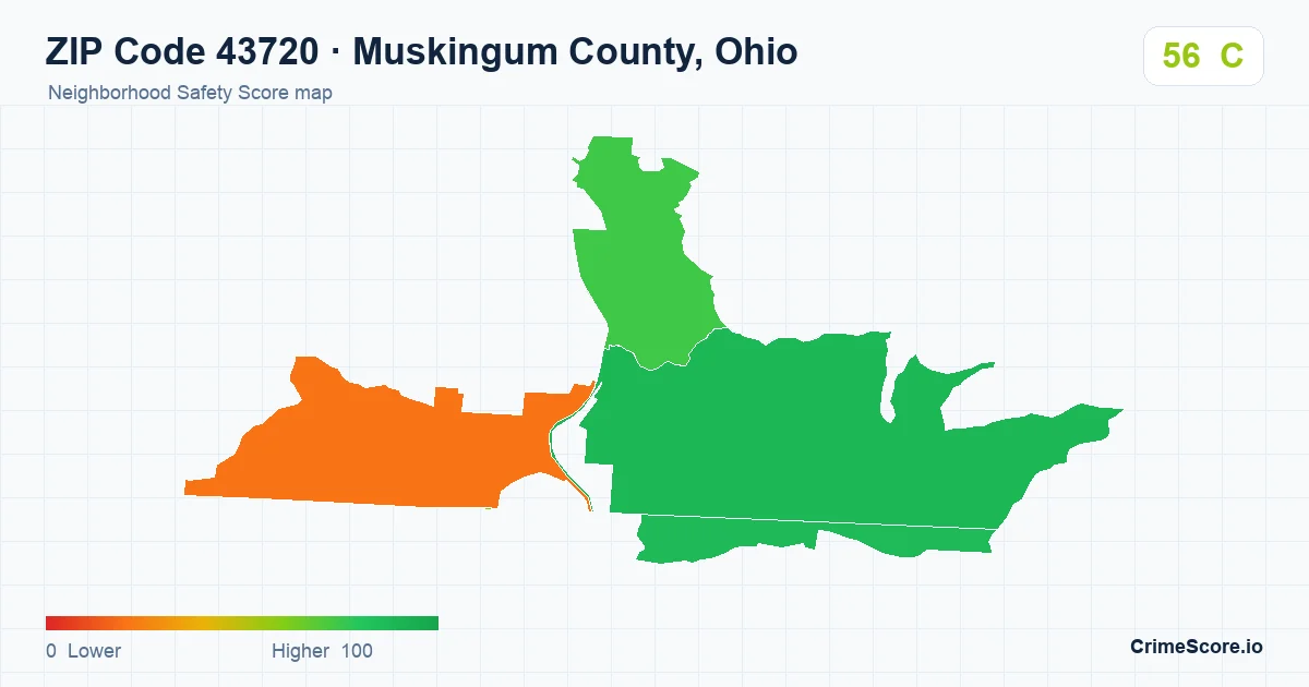 ZIP Code 43720 in Muskingum County, Ohio neighborhood Safety Score map