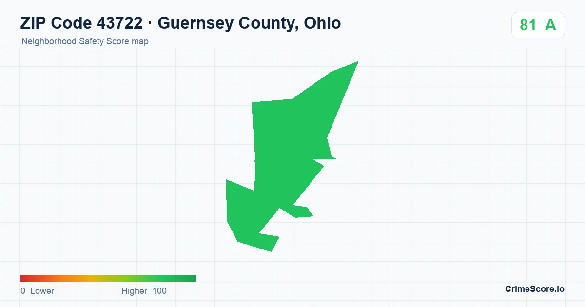 ZIP Code 43722 in Guernsey County, Ohio neighborhood Safety Score map