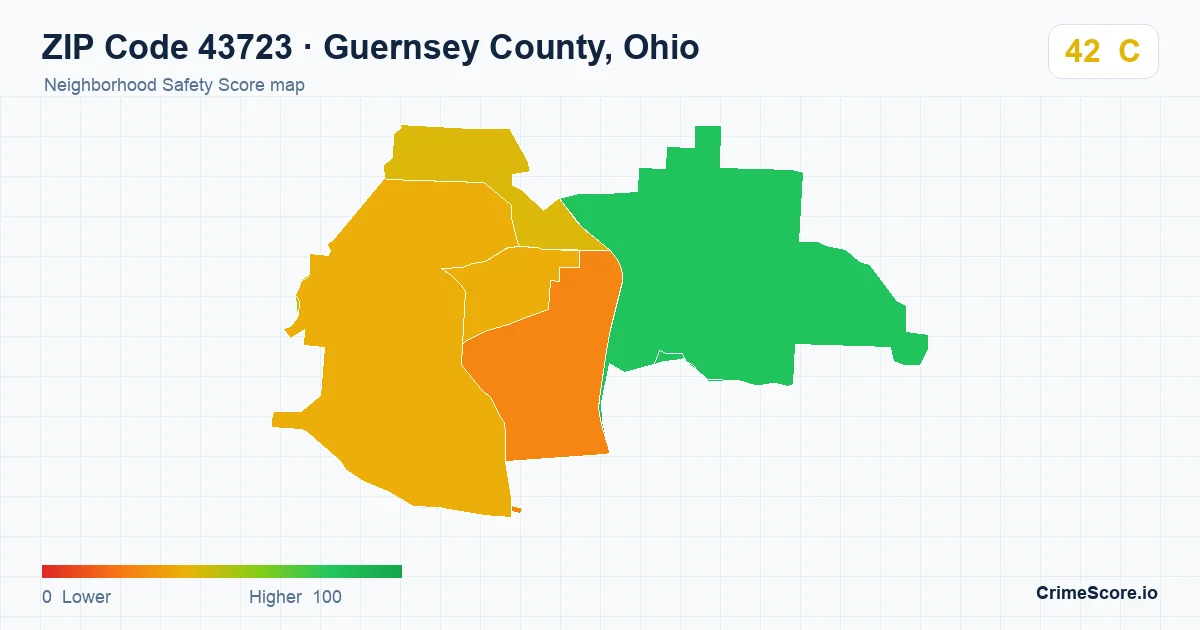 ZIP Code 43723 in Guernsey County, Ohio neighborhood Safety Score map
