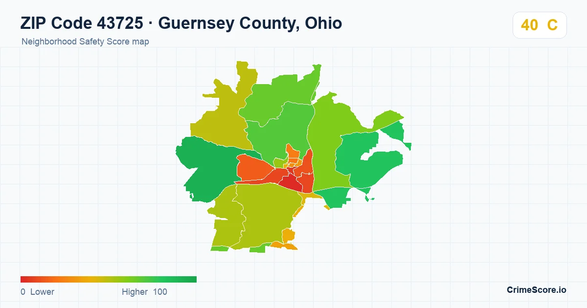 ZIP Code 43725 in Guernsey County, Ohio neighborhood Safety Score map