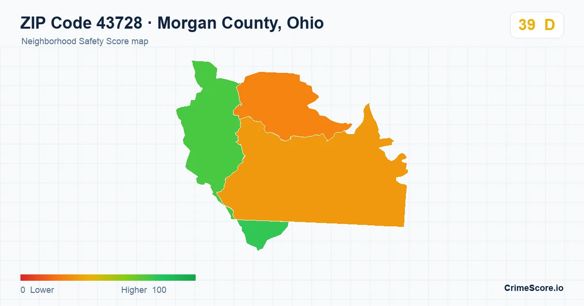 ZIP Code 43728 in Morgan County, Ohio neighborhood Safety Score map