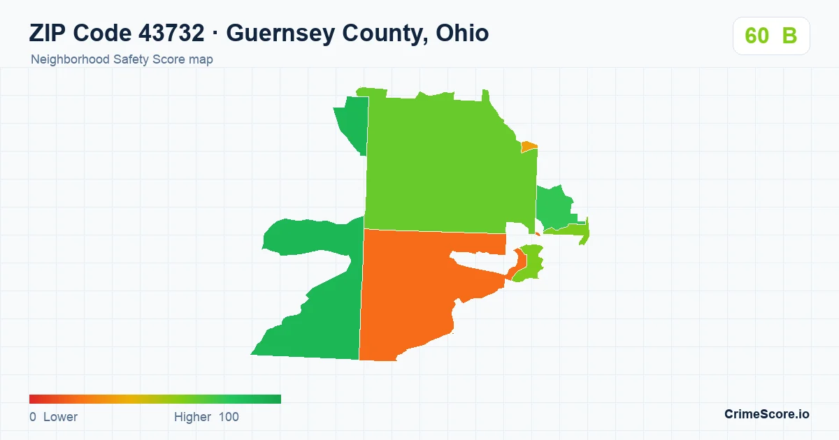 ZIP Code 43732 in Guernsey County, Ohio neighborhood Safety Score map