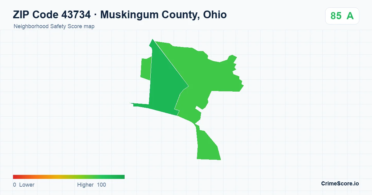 ZIP Code 43734 in Muskingum County, Ohio neighborhood Safety Score map