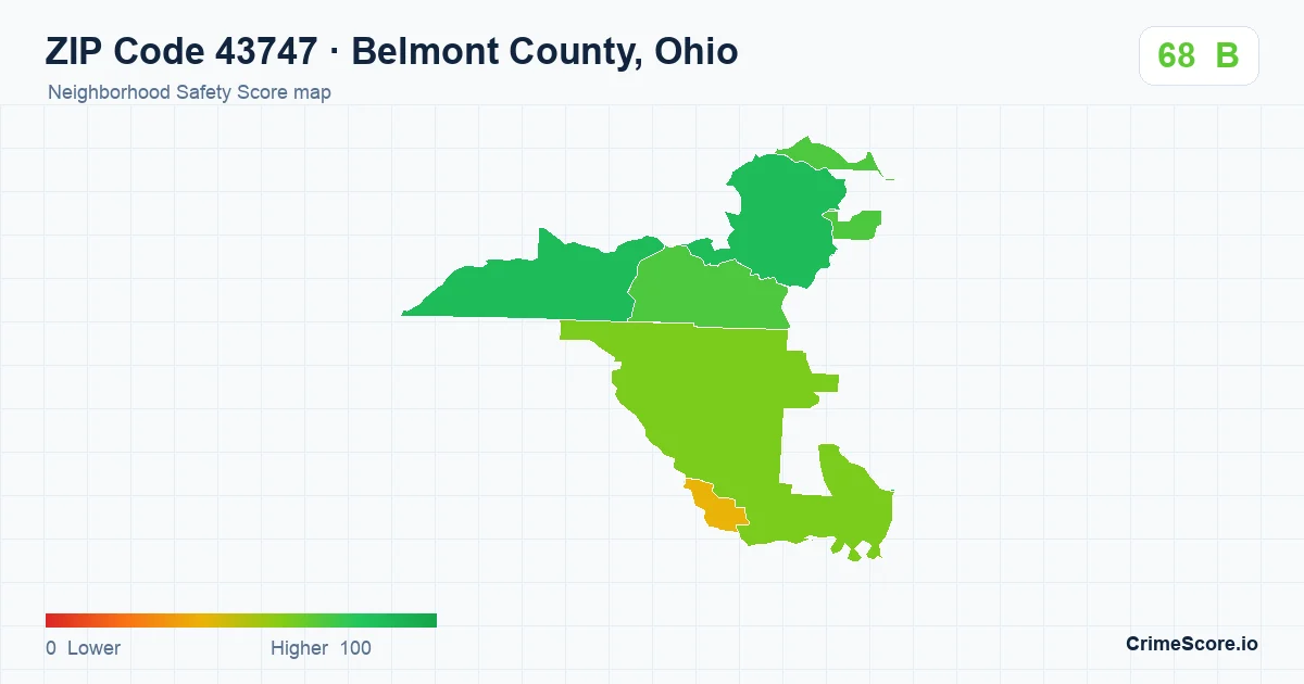 ZIP Code 43747 in Belmont County, Ohio neighborhood Safety Score map