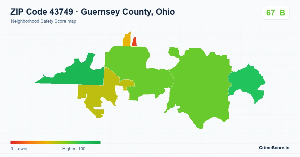 ZIP Code 43749 in Guernsey County, Ohio neighborhood Safety Score map