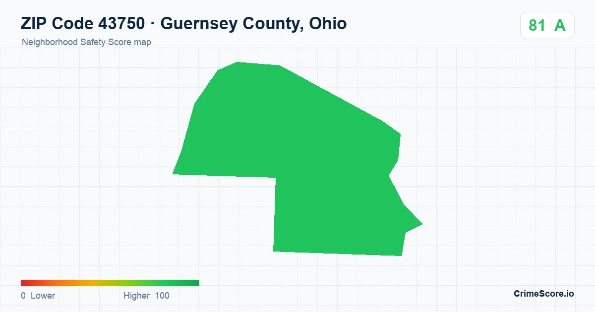 ZIP Code 43750 in Guernsey County, Ohio neighborhood Safety Score map