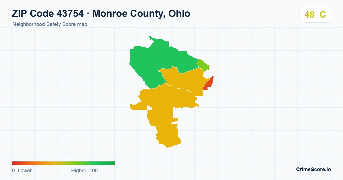 ZIP Code 43754 in Monroe County, Ohio neighborhood Safety Score map