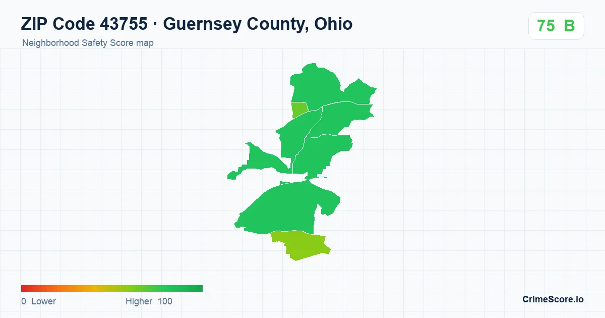 ZIP Code 43755 in Guernsey County, Ohio neighborhood Safety Score map