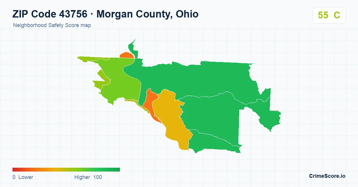 ZIP Code 43756 in Morgan County, Ohio neighborhood Safety Score map