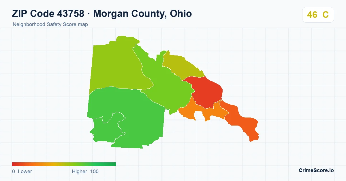 ZIP Code 43758 in Morgan County, Ohio neighborhood Safety Score map