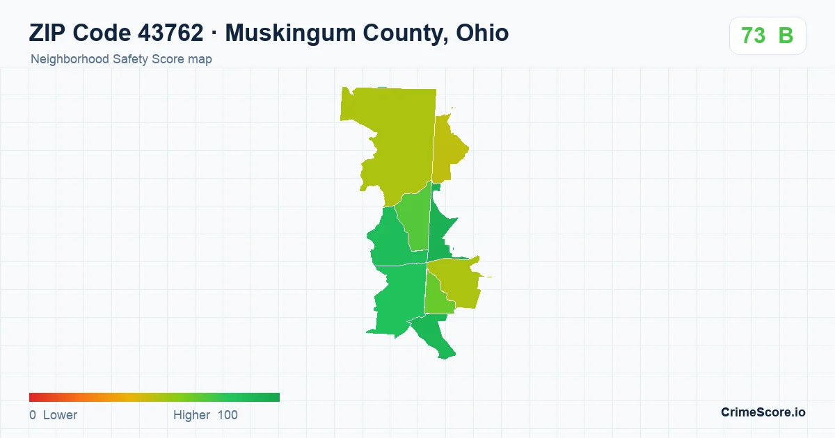 ZIP Code 43762 in Muskingum County, Ohio neighborhood Safety Score map