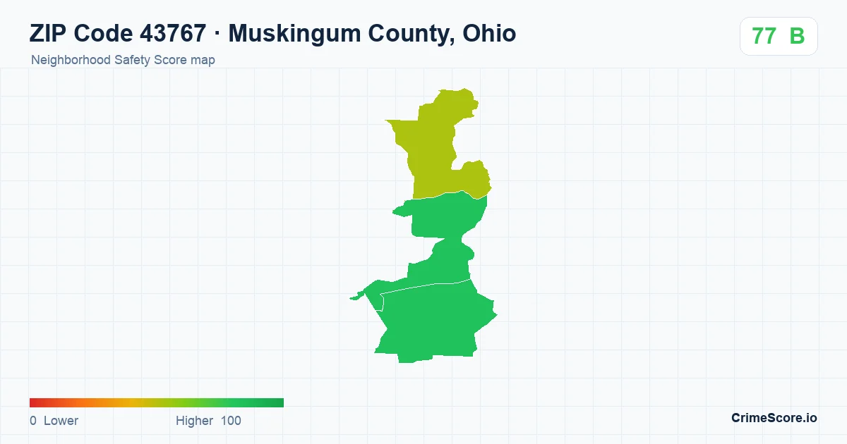 ZIP Code 43767 in Muskingum County, Ohio neighborhood Safety Score map