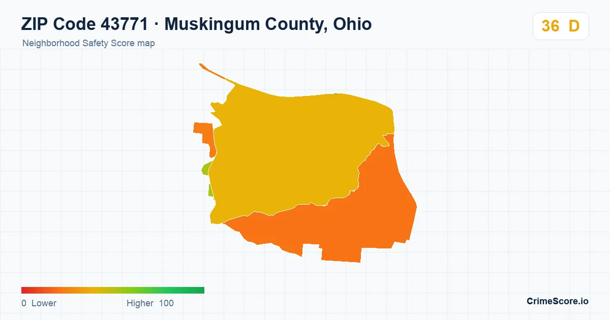 ZIP Code 43771 in Muskingum County, Ohio neighborhood Safety Score map