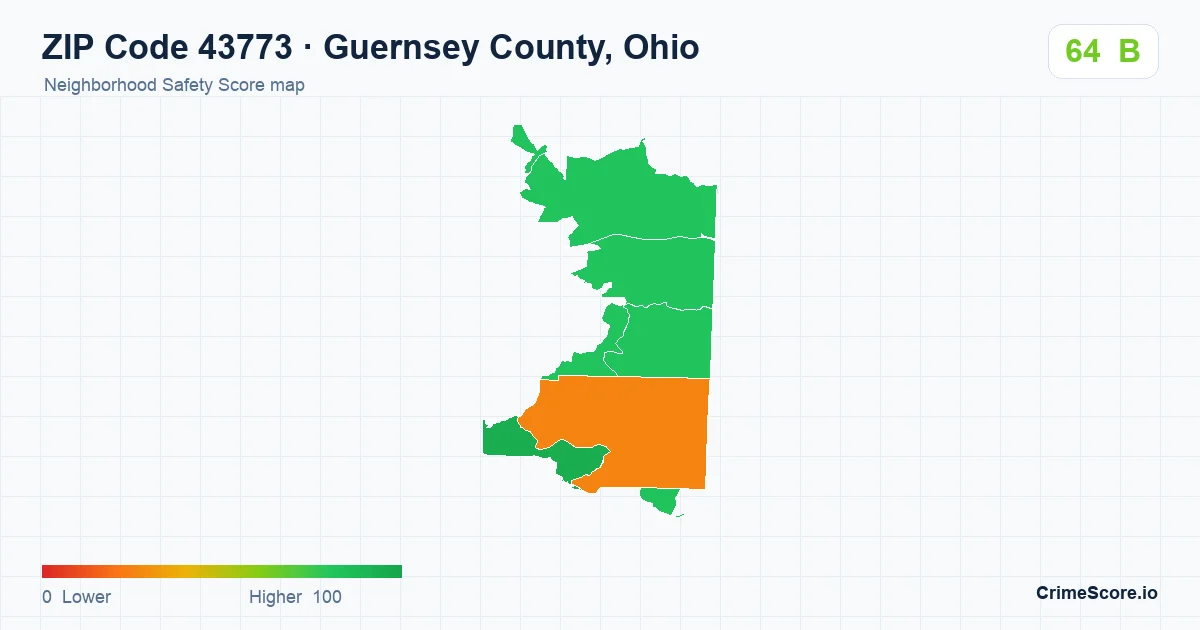 ZIP Code 43773 in Guernsey County, Ohio neighborhood Safety Score map