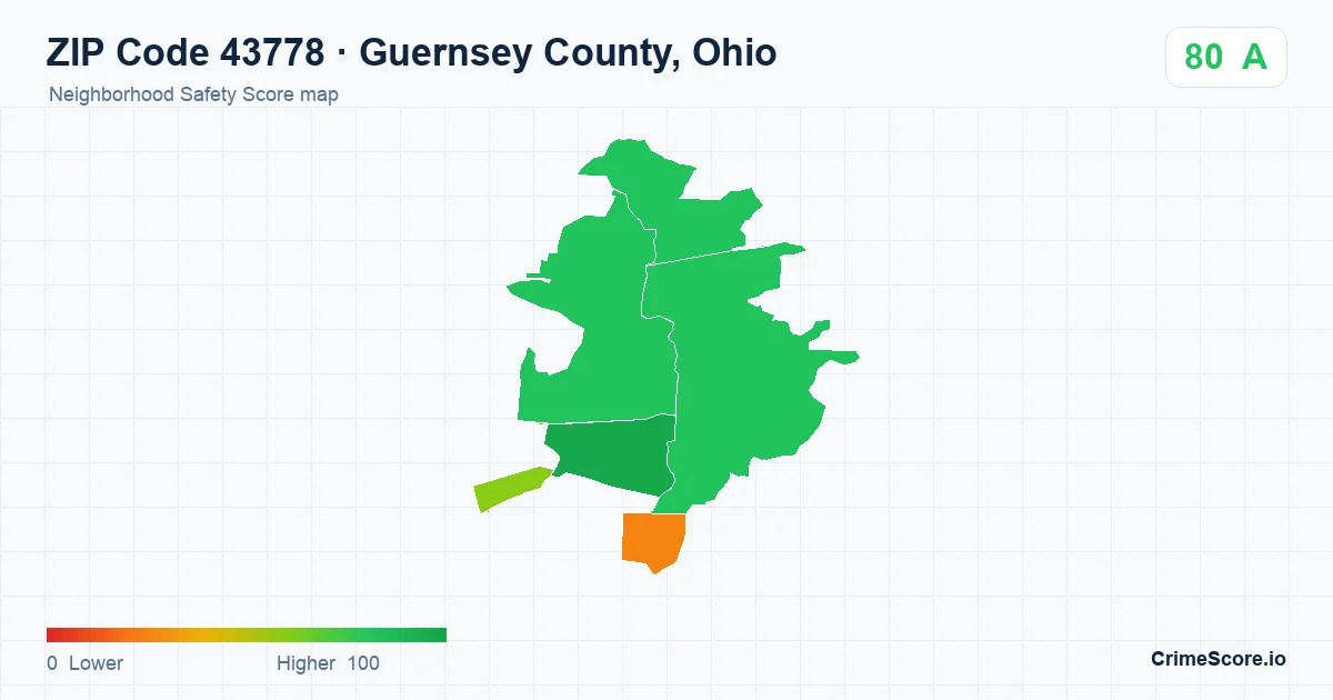 ZIP Code 43778 in Guernsey County, Ohio neighborhood Safety Score map