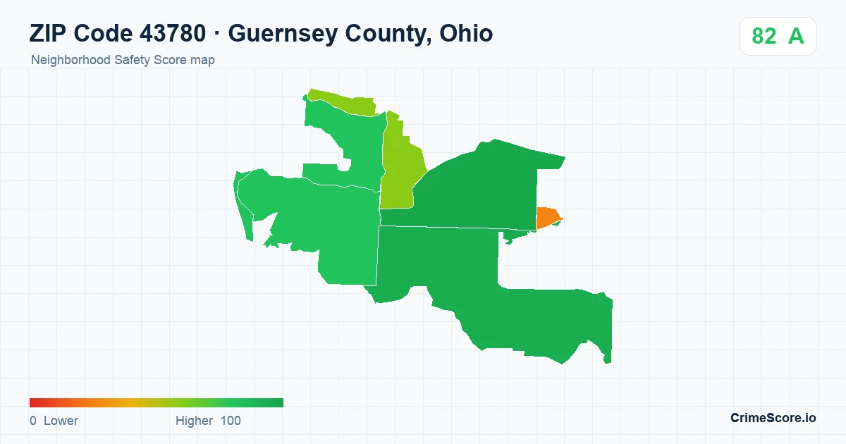 ZIP Code 43780 in Guernsey County, Ohio neighborhood Safety Score map