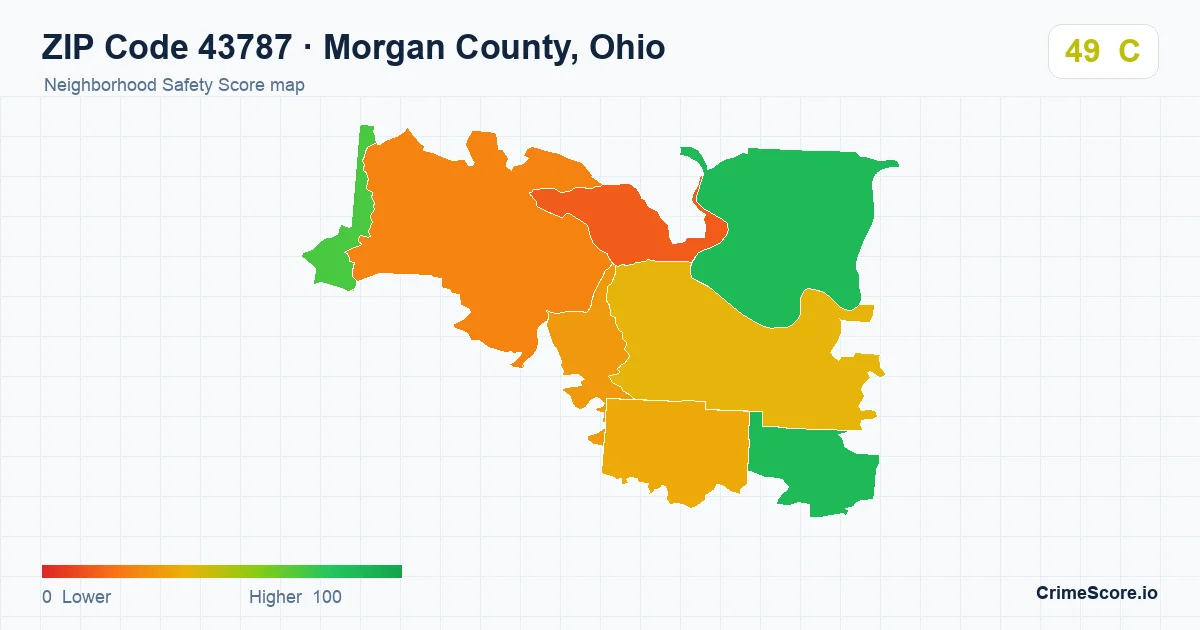 ZIP Code 43787 in Morgan County, Ohio neighborhood Safety Score map