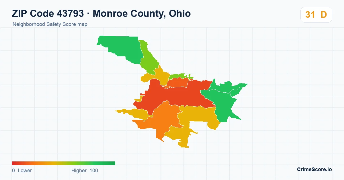 ZIP Code 43793 in Monroe County, Ohio neighborhood Safety Score map