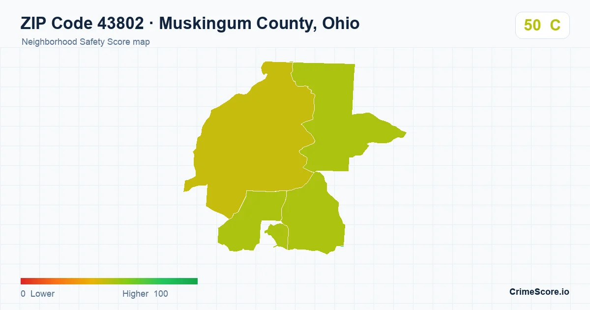 ZIP Code 43802 in Muskingum County, Ohio neighborhood Safety Score map