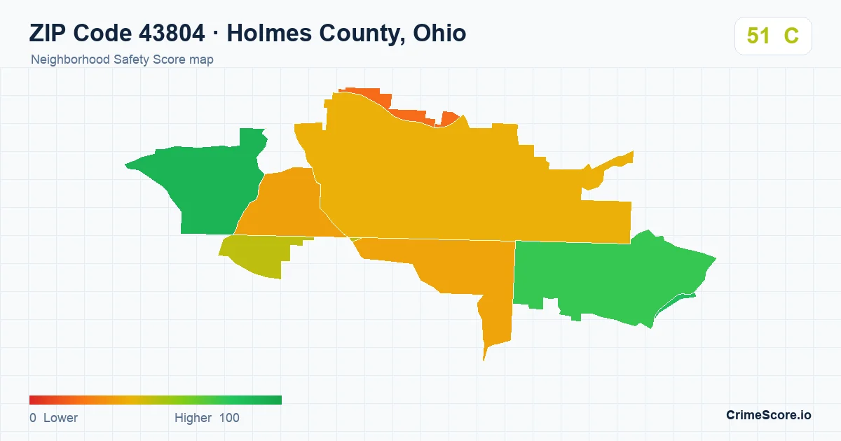 ZIP Code 43804 in Holmes County, Ohio neighborhood Safety Score map