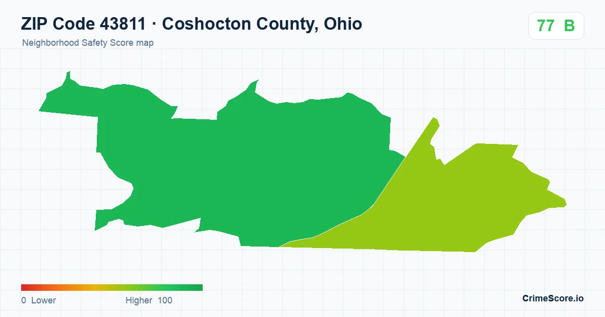 ZIP Code 43811 in Coshocton County, Ohio neighborhood Safety Score map