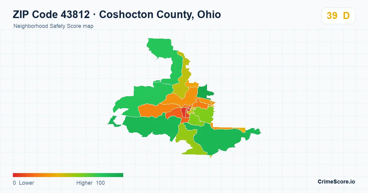 ZIP Code 43812 in Coshocton County, Ohio neighborhood Safety Score map