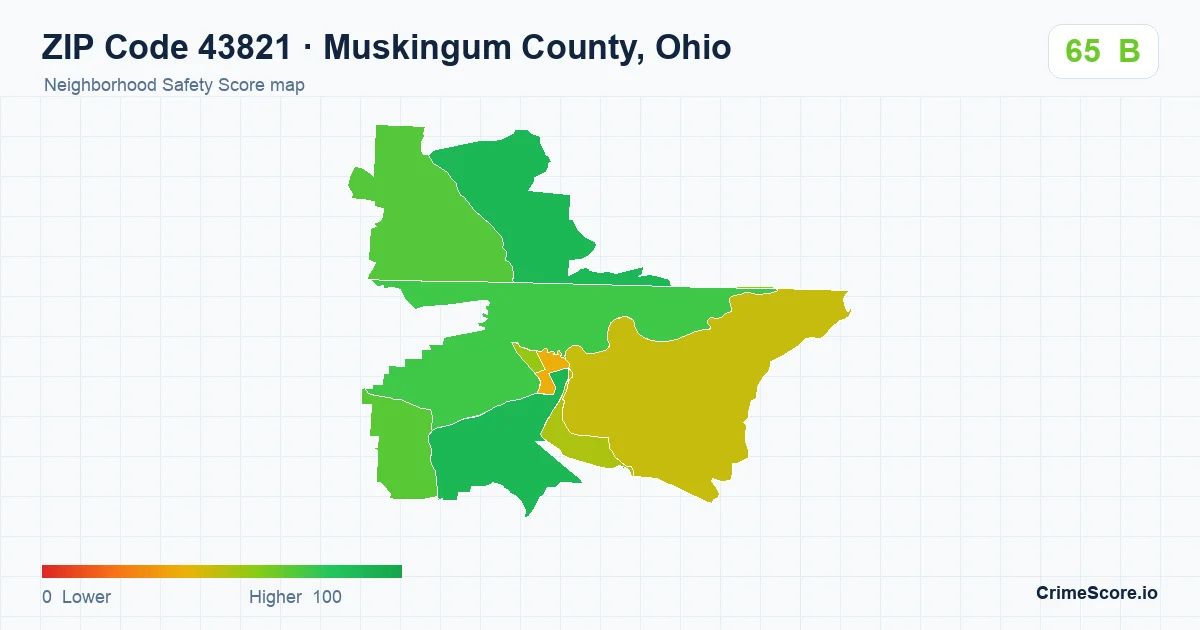 ZIP Code 43821 in Muskingum County, Ohio neighborhood Safety Score map