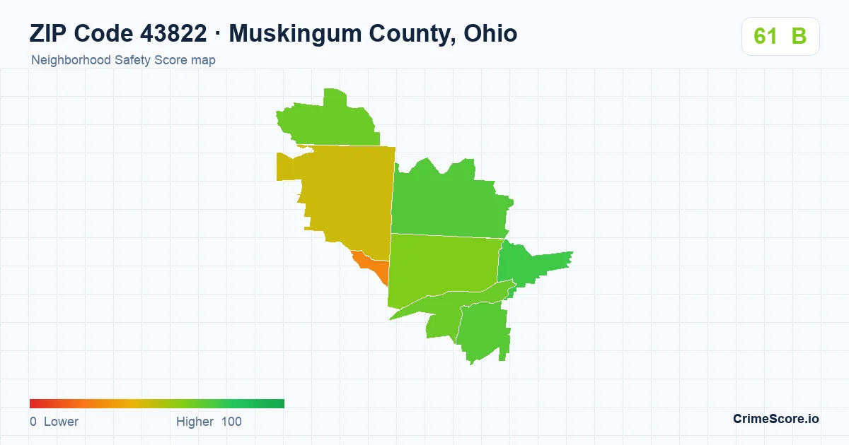 ZIP Code 43822 in Muskingum County, Ohio neighborhood Safety Score map