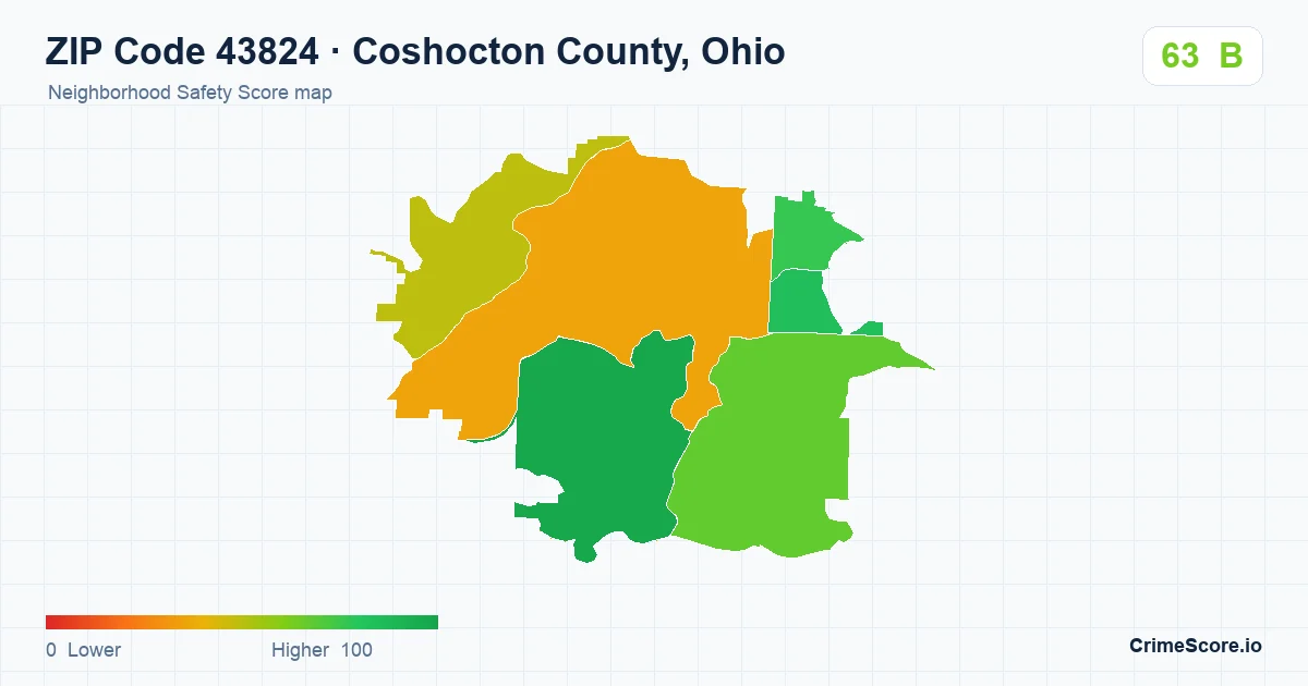 ZIP Code 43824 in Coshocton County, Ohio neighborhood Safety Score map