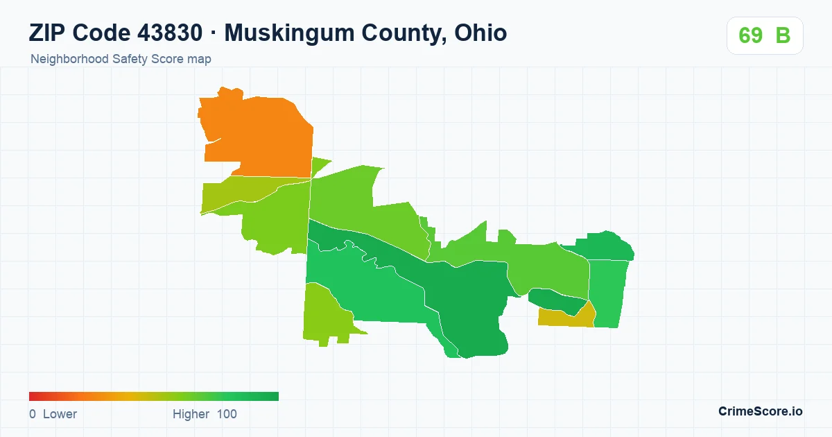 ZIP Code 43830 in Muskingum County, Ohio neighborhood Safety Score map