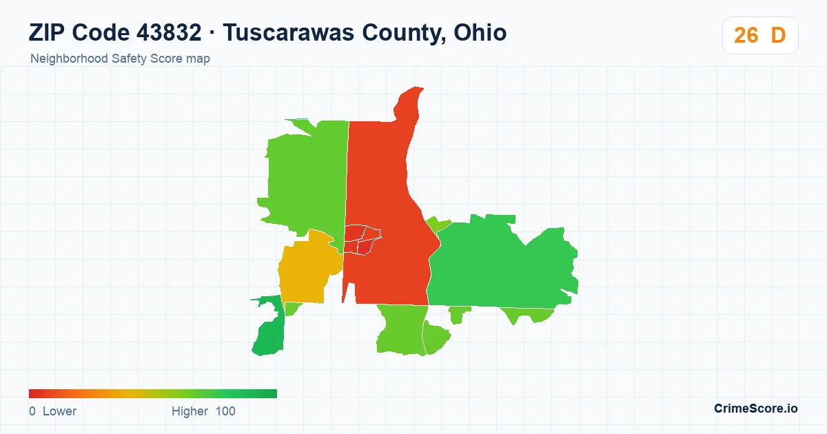 ZIP Code 43832 in Tuscarawas County, Ohio neighborhood Safety Score map
