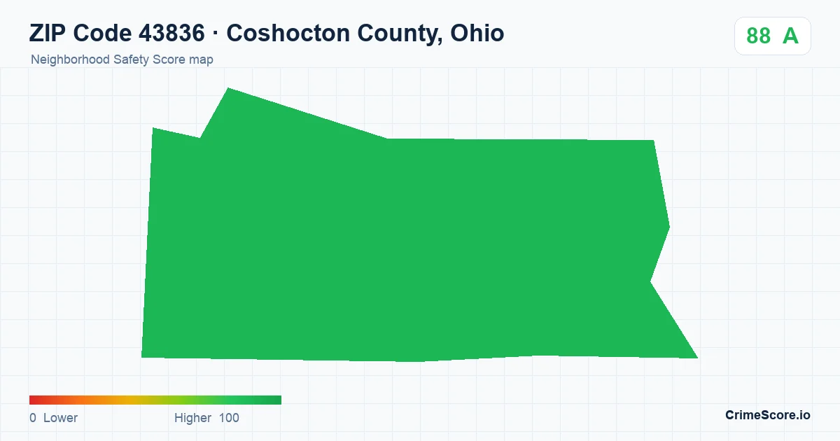ZIP Code 43836 in Coshocton County, Ohio neighborhood Safety Score map