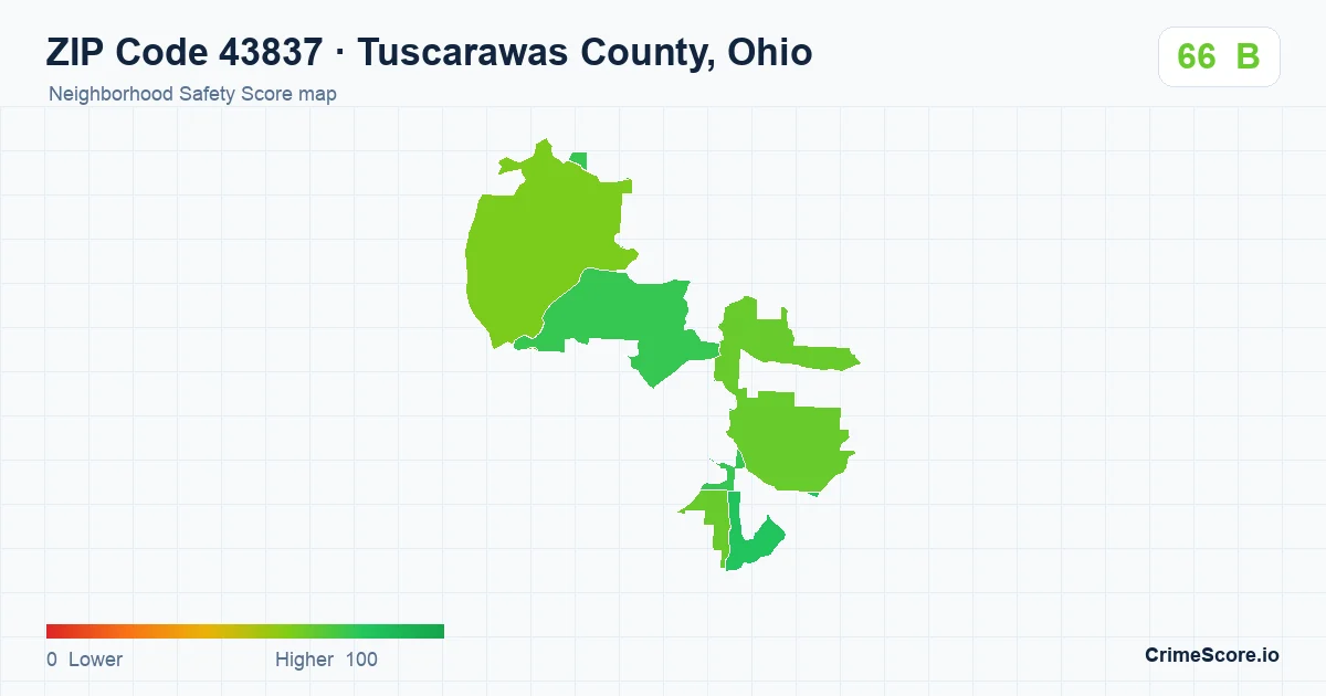 ZIP Code 43837 in Tuscarawas County, Ohio neighborhood Safety Score map