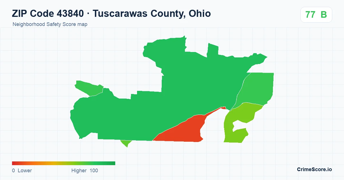 ZIP Code 43840 in Tuscarawas County, Ohio neighborhood Safety Score map