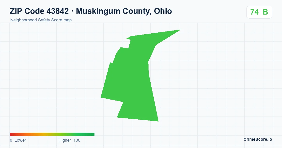 ZIP Code 43842 in Muskingum County, Ohio neighborhood Safety Score map