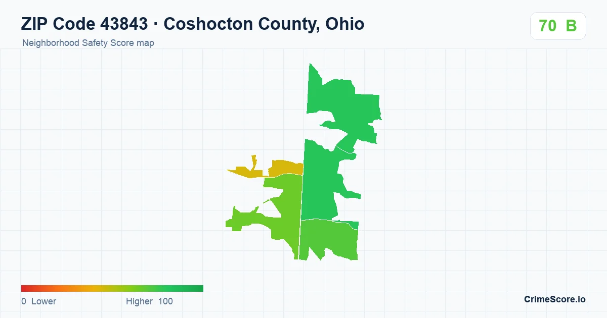 ZIP Code 43843 in Coshocton County, Ohio neighborhood Safety Score map