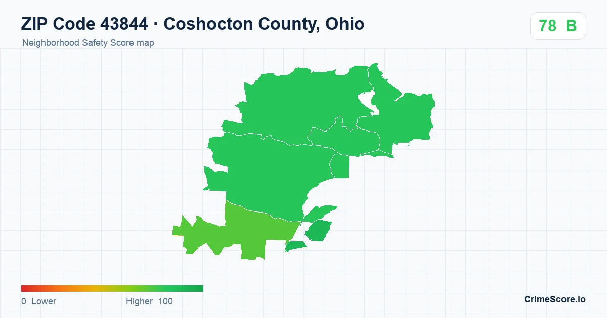 ZIP Code 43844 in Coshocton County, Ohio neighborhood Safety Score map