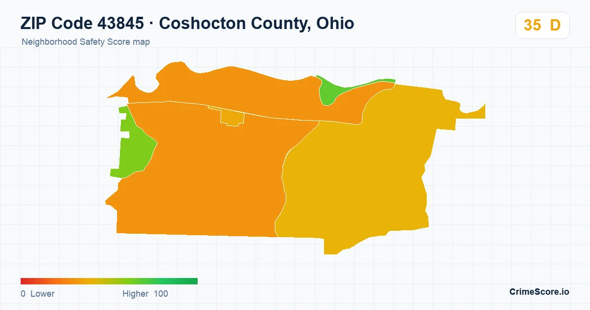 ZIP Code 43845 in Coshocton County, Ohio neighborhood Safety Score map